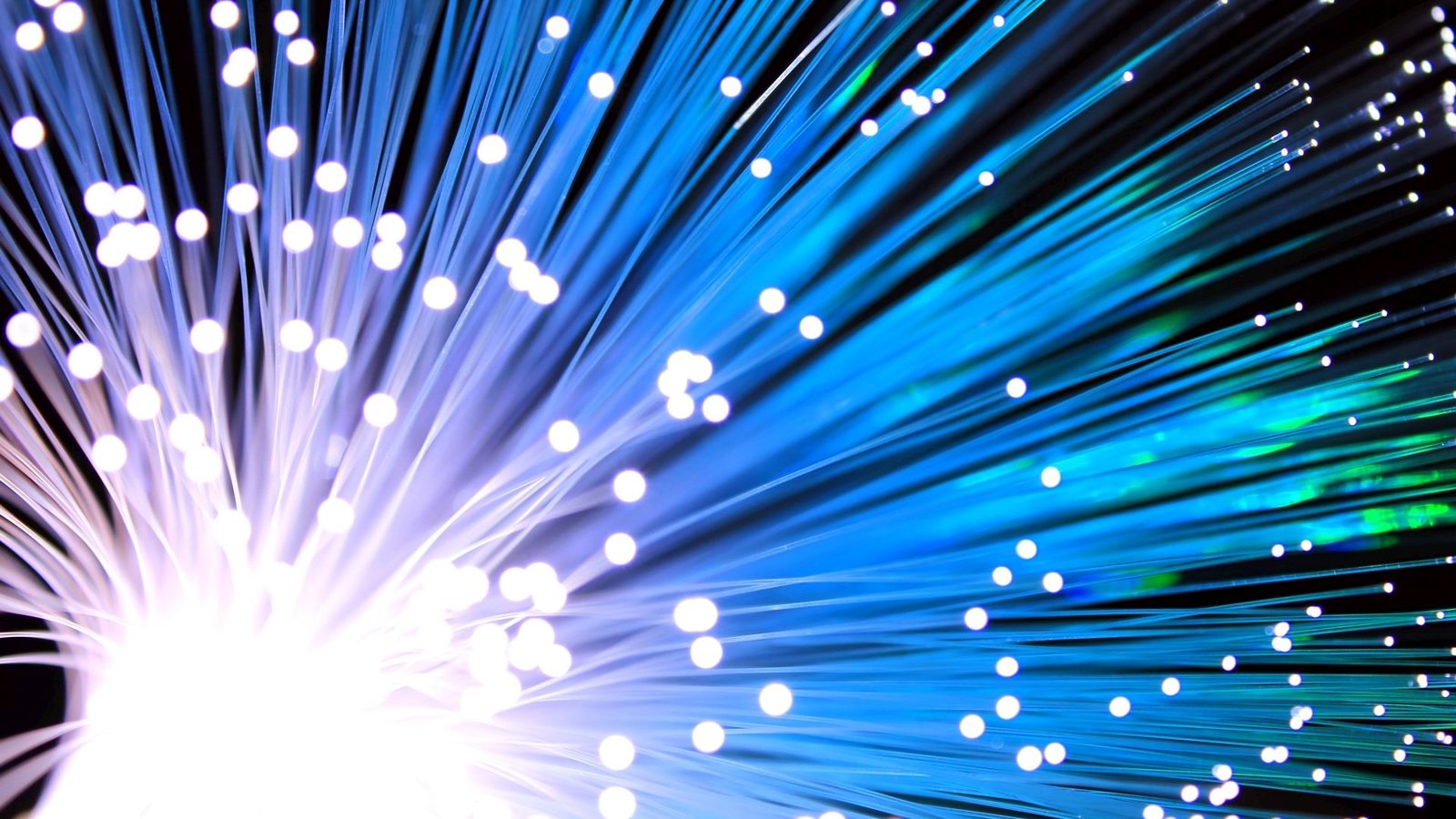 Bundle of optical fibers against a dark background: hundreds of blue glowing strands radiate from a bright center at the lower left, their tips glowing as white points.