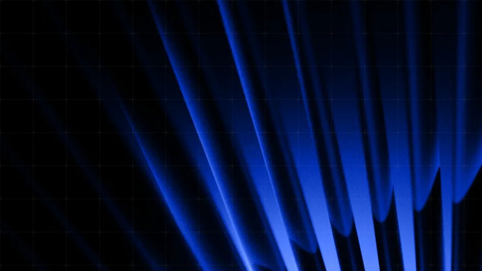 Glossy blue ribbons sweep across a dark blue gradient, overlaid with a faint light grid.
