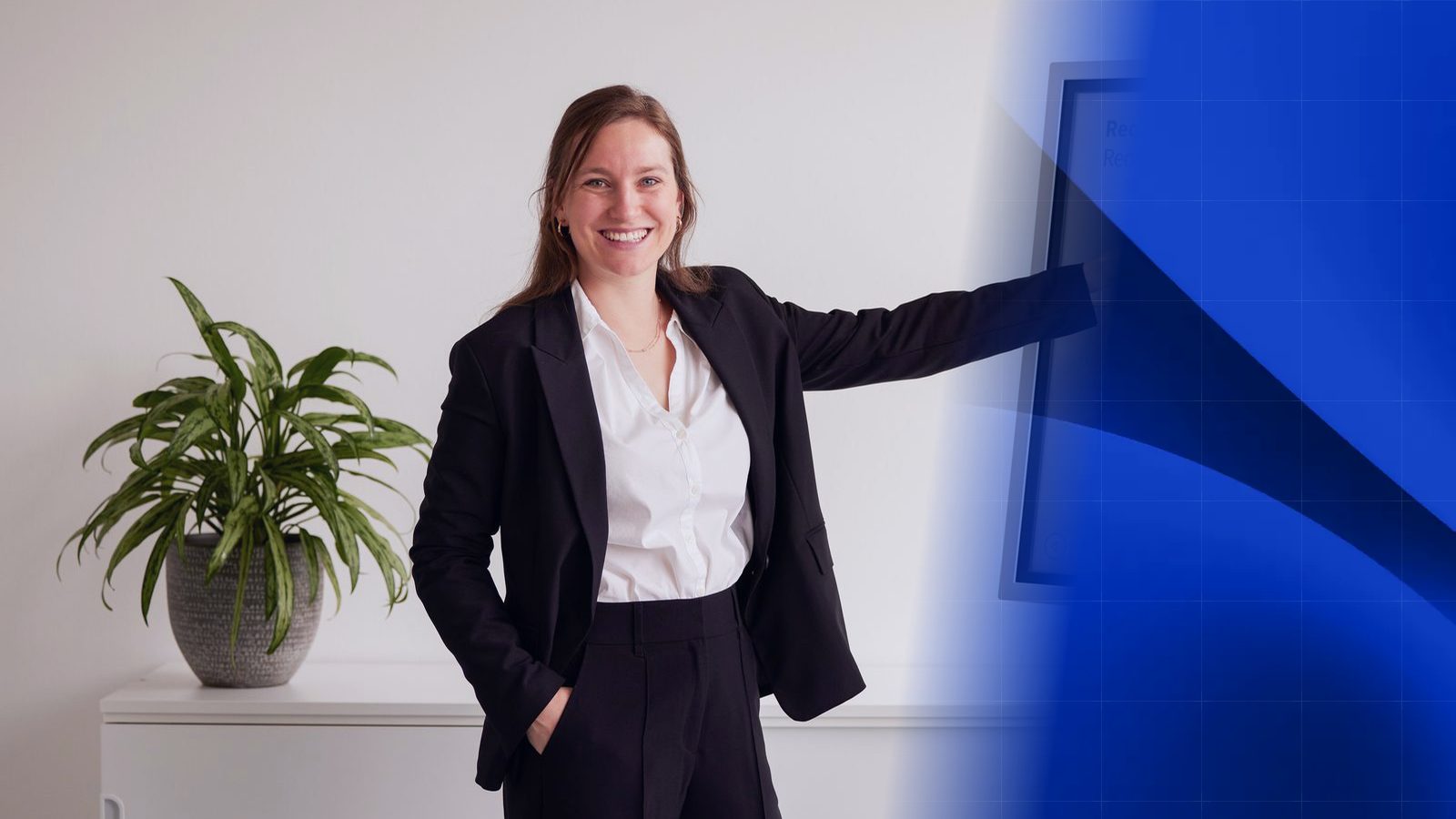A ReqPOOL consultant points with an outstretched arm to the right, where the photo fades into a blue wave pattern with fine grid lines.