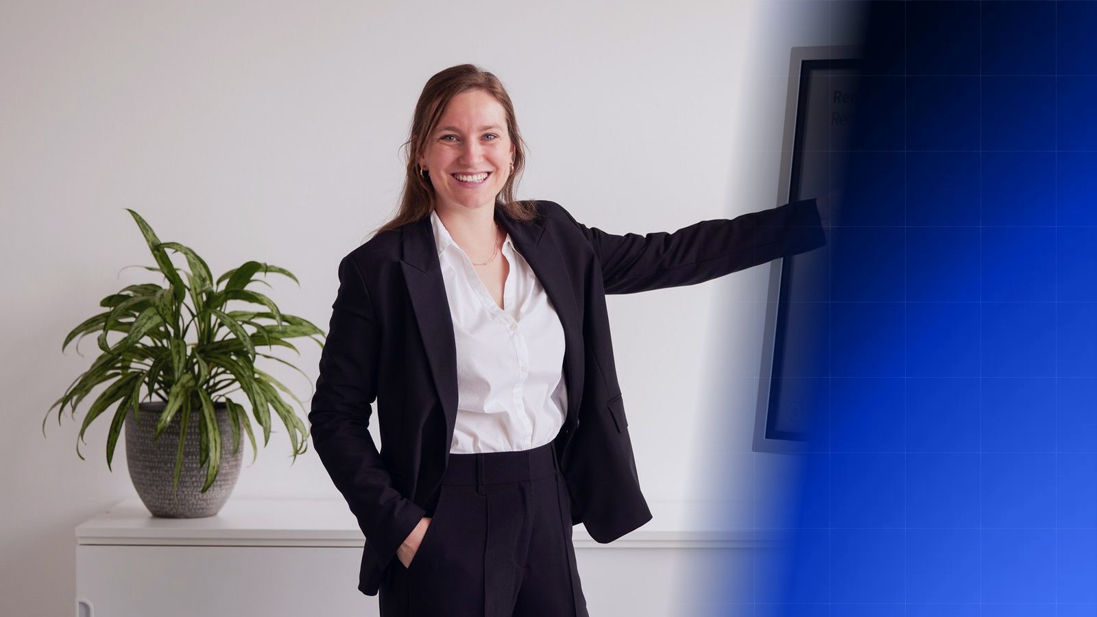 A ReqPOOL consultant in a dark blazer gestures to the right, where the photo fades into a blue pattern of curved shapes.